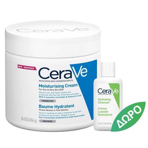 CeraVe Promo Moisturising Face - Body Cream for Dry to Very Dry Skin 454g & Подарък Hydrating Face - Body Cleanser 20g
