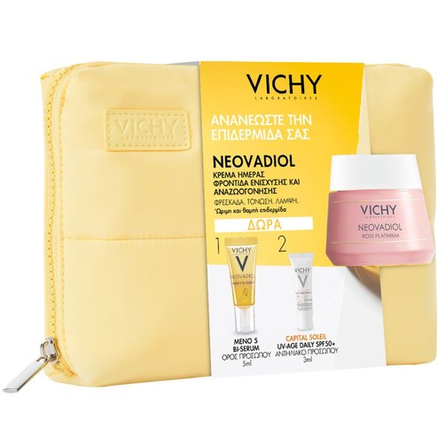 Vichy Promo Neovadiol Rose Platinium Fortifying & Revitaslizing Day Cream 50ml & Подарък Meno 5 Bi-Serum 5ml & Capital Soleil Spf50+, 3ml & торбичка 1 бр