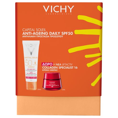 Vichy Promo Capital Soleil Anti-Ageing 3-in-1 Spf50, 50ml & Подарък Liftactiv Collagen Specialist 16 Day Cream 15ml