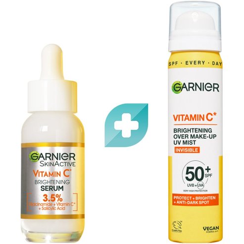 Garnier Promo Skinactive Vitamin C Glow Booster 30ml & Brightening Over Make Up Invisible UV Mist Spf50+, 75ml