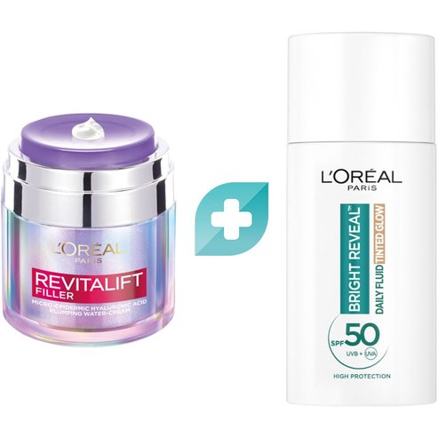 L\'Oreal Paris Promo Revitalift Filler Hyaluronic Plumping Water-Cream 50ml & Bright Reveal Tinted Glow Daily Fluid Spf50, 50ml