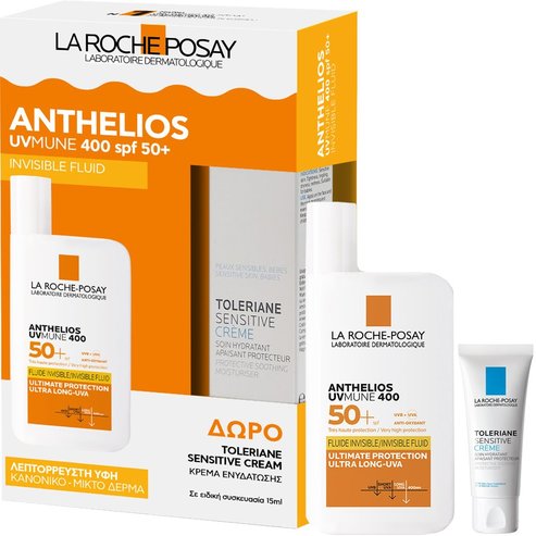 La Roche-Posay Promo Anthelios UVMune 400 Spf50+ Invisible Fluide 50ml & Подарък Toleriane Sensitive Protective Moisturiser Cream 15ml