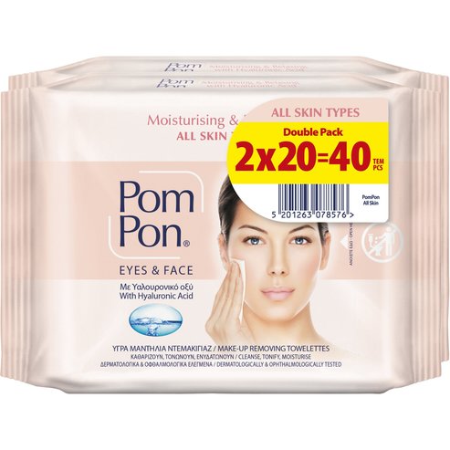 Pom Pon Promo Moisturizing & Relaxing Face & Eyes Hyalouronic Acid 100% Cotton Wipes 40 бр (2x20 бр)