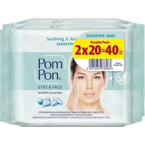 Pom Pon Promo Soothing & Rejuvenating with Ceramides, Sensitive Skin Face & Eyes Wipes 40 бр (2x20 бр)