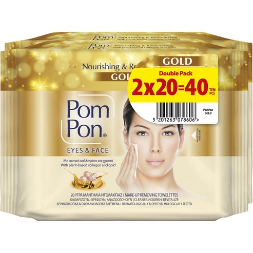 Pom Pon Promo Nourishing & Revitalizing Face & Eyes Collagen & Gold Cotton Wipes 40 бр (2x20 бр)