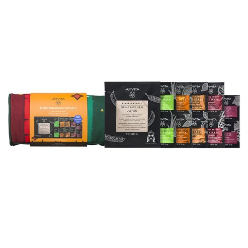 Apivita Promo Express Beauty Tissue Mask Carob 20ml,Face Mask Aloe,Orange,Grape 2x8ml,Scrub Apricot 2x8ml,Eye Mask Grape 2x2ml