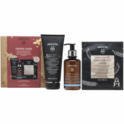 Apivita PROMO PACK Crystal Clear Black Detox Cleansing Jelly 150ml & Soothing & Moisturizing Tonic Face Lotion 200ml & Black Tissue Face Mask Carob 20ml на специална цена