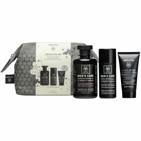 Apivita PROMO PACK Treats for Him Men\'s Care Hair & Body Wash 250ml & Anti-Wrinkle, Anti-Fatique Face & Eye Cream 50ml & Black Detox Cleansing Jelly 50ml & Подарък тоалетни принадлежности