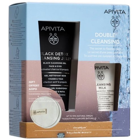 Apivita Promo Black Detox Cleansing Jelly Face & Eyes 150ml & Подарък Cleansing Milk 3 in 1 Face & Eyes 50ml & Cotton Pads 2 бр