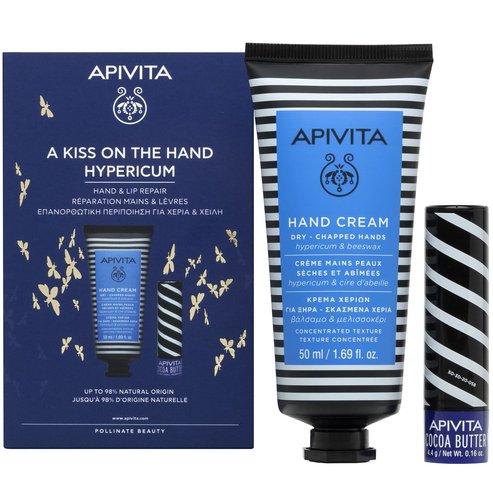 Apivita PROMO PACK A Kiss On The Hand Cream Moisturizing Hypericum - Beeswax 50ml & Lip Care Cocoa Butter Spf20, 4.4g