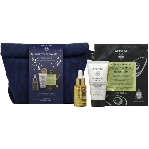 Apivita PROMO PACK Time to Glow Up Beessential Oils Strengthening - Hydrating Skin Supplement Day Oil 15ml & 3 in 1 Cleansing Milk 50ml & Avocado Tissue Face Mask 10ml & Подарък тоалетна чанта