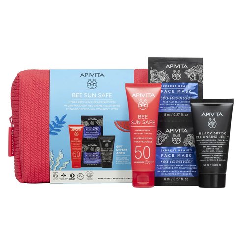 Apivita Promo Bee Sun Safe Hydra Fresh Gel-Cream Spf50 50ml & Подарък Black Detox Cleansing Jelly 50ml & Express Face Mask Sea Levander 16ml (2x8ml) & Подарък Коралови тоалетни принадлежности 1 бр