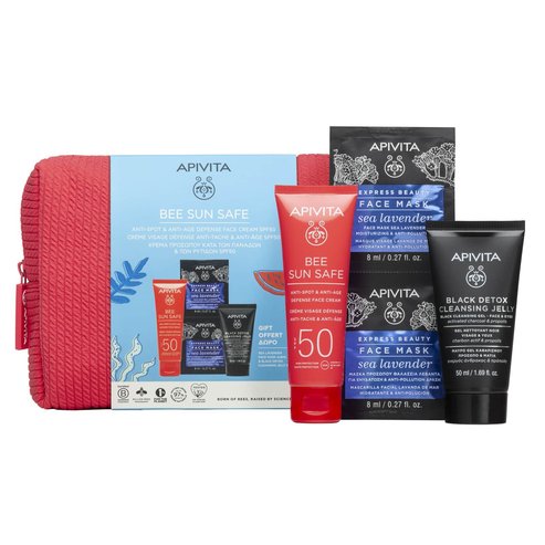 Apivita Promo Bee Sun Safe Anti-Spot & Anti-Age Defense Face Cream Spf50, 50ml & Подарък Black Detox Cleansing Jelly 50ml & Express Face Mask Sea Levander 16ml (2x8ml) & Подарък Коралови тоалетни принадлежности 1 бр