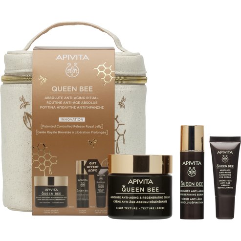 Apivita Queen Bee Promo Absolute Anti-Aging & Regenerating Light Texture Cream 50ml & Redefining Serum 10ml & Подарък Reviving Eye Cream 5ml & торбичка 1 бр