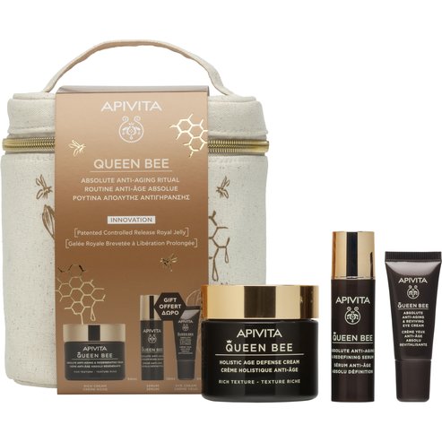 Apivita Queen Bee Promo Absolute Anti-Aging & Regenerating Cream Rich Texture 50ml & Redefining Serum 10ml & Подарък Reviving Eye Cream 5ml & торбичка 1 бр