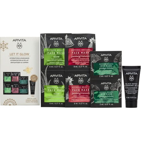 Apivita Promo Express Beauty Moisturizing & Refreshing Aloe Face Mask 2x8ml & Revitalization Pomegranate Face Mask 2x8ml & Ginkgo Biloba Eye Mask 2x2ml & Подарък Black Detox Cleansing Jelly 15
