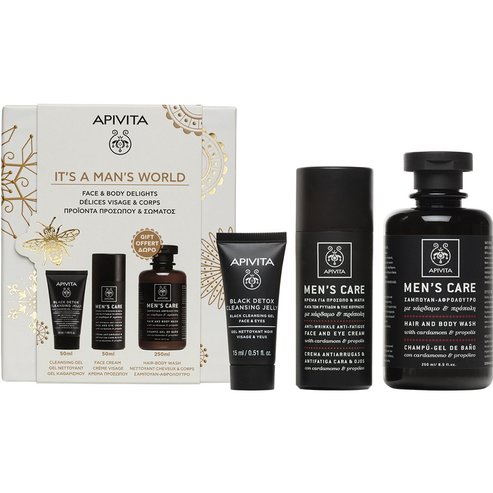 Apivita Promo Men\'s Care Anti-Wrinkle & Anti-Fatique Face & Eye Cream With Cardamom & Propolis 50ml & Black Detox Cleansing Jelly 50ml & Подарък Men\'s Care Hair & Body Wash With Cardamom & Propolis 250ml