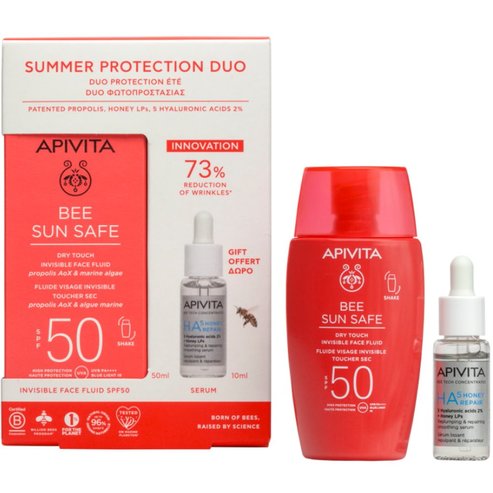 Apivita Promo Bee Sun Safe Dry Touch Invisible Face Fluid Spf50 with Marine Algae & Propolis 50ml & Подарък Bee Tech Concentrates HA5 Honey Repair Serum 10ml