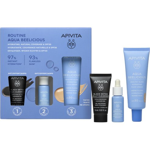 Apivita Promo Aqua Beelicious Healthy Glow Spf30 Tinted Hydrating Fluid Cream 40ml & Подарък Refreshing Hydrating Face Booster 10ml & Подарък Black Detox Cleansing Jelly 15ml