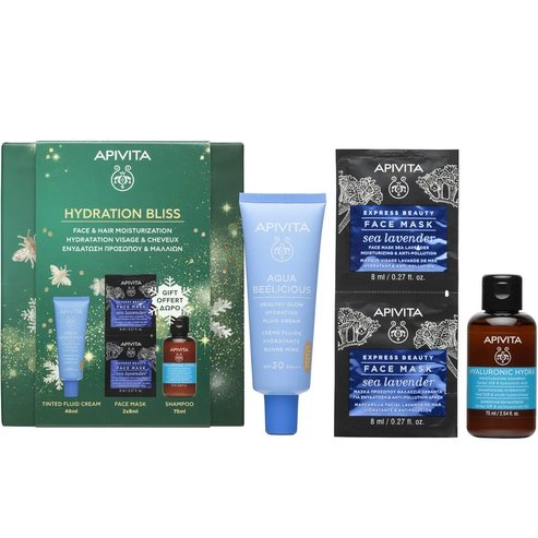 Apivita Promo Aqua Beelicious Healthy Glow Hydrating Fluid Cream Spf30 Tinted 40ml & Подарък Express Beauty Sea Lavender Face Mask 2x8ml & Подарък Hyaluronic Hydra Shampoo 75ml