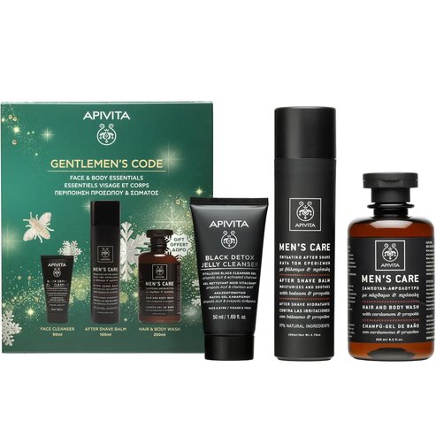 Apivita Promo Black Detox Cleansing Jelly 50ml & Mens Care After Shave Balm With Balsam & Propolis 100ml & Подарък Hair & Body Wash With Cardamom & Propolis 250ml,Черен Почистващ Gel за Лице & Очи с Активен Въглен & Прополис & Хидратиращ After Sha