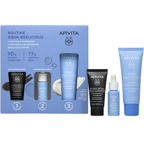 Apivita Promo Aqua Beelicious Comfort Hydrating Cream Rich Texture 40ml & Подарък Refreshing Hydrating Face Booster 10ml & Подарък Black Detox Cleansing Jelly 15ml