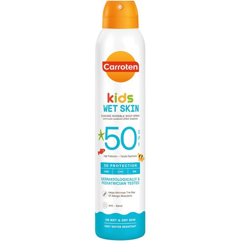Carroten Kids Wet Skin Spf50 Invisible Body Spray Детски прозрачен слънцезащитен спрей за тяло с висока защита със специален състав, който намалява риска от алергични реакции 200ml