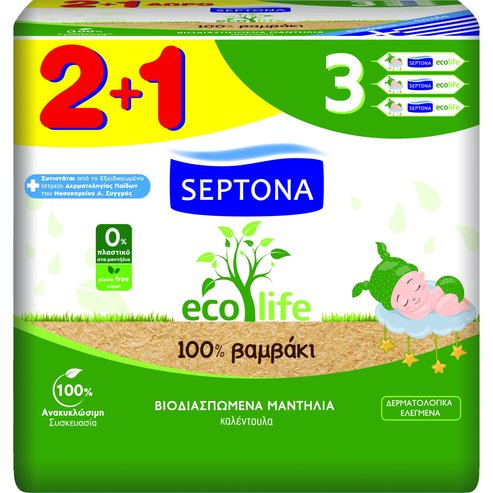 Septona Baby Ecolife Wipes 2+1 Подарък бебешки биоразградими бебешки кърпички с невен, 100% памук 180 бр. (3x60 бр.)