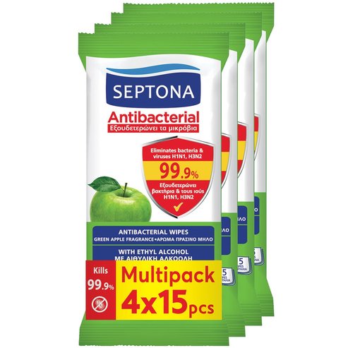 Septona Promo Antibacterial Hand Wipes Антибактериални кърпички за ръце с аромат на зелена ябълка 60 броя (4x15 броя)