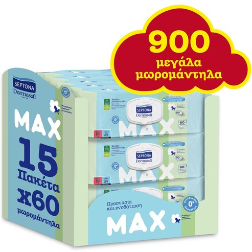 Septona Dermasoft Max Monthly Pack Големи бебешки кърпички с капак 900 бр. (15x60 бр.)