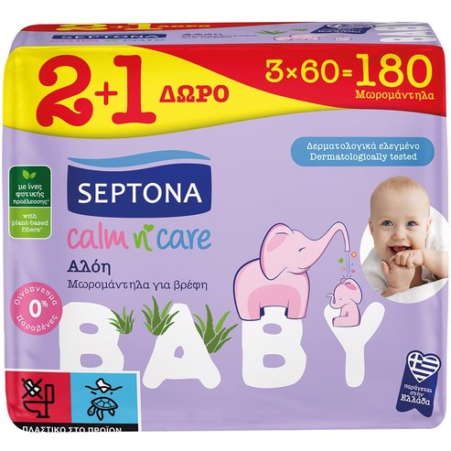 Septona Promo Baby Calm n\' Care Aloe Baby Wipes 180 бр (3x60 бр)