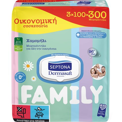 Septona Dermasoft Baby Wipes Chamomille Family 300 Парчета (3x100 Парчета)