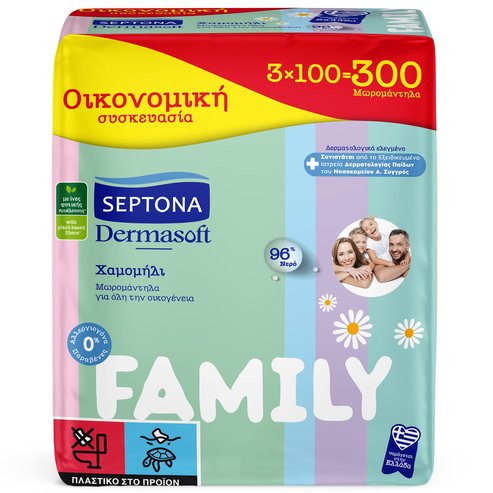 Septona Dermasoft Baby Wipes Chamomille Family 300 Парчета (3x100 Парчета)