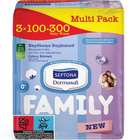 Septona Family Dermasoft with Cotton Extract Wet Wipes Нежни бебешки мокри кърпички за цялото семейство с екстракт от памук & удобно капаче 300 броя (3x100 броя)