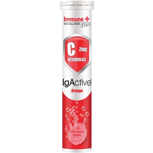 IgActive Immune Plus Хранителна добавка с витамин C, D3 & цинк за подсилване на имунната система с вкус на портокал 20 ефервесцентни таблетки