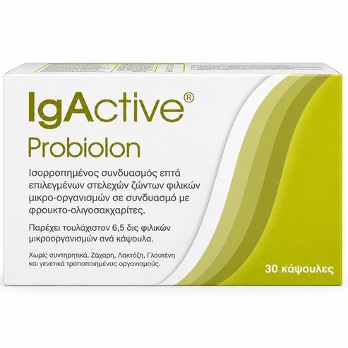 Igactive Probiolon Хранителна добавка с балансирана комбинация от седем подбрани щама живи полезни микроорганизми (пробиотици) в съчетание с фруктоолигозахариди (пребиотици) за оптимална функция на червата 30caps