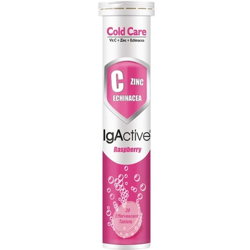 IgActive Cold Care Хранителна добавка с витамин C, цинк и екстракт от ехинацея за укрепване на имунната система с вкус на малина 20 ефервесцентни таблетки