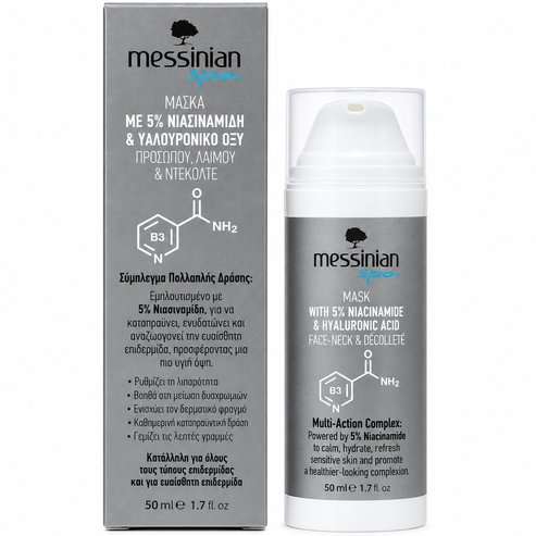 Messinian Spa Niacinamide & Hyaluronic Acid Face, Neck & Decollete Mask Успокояваща маска за лице, шия и деколте с ниацинамид и хиалуронова киселина с комплекс с многостранно действие за ревитализиране на кожата без раздразнения 50ml