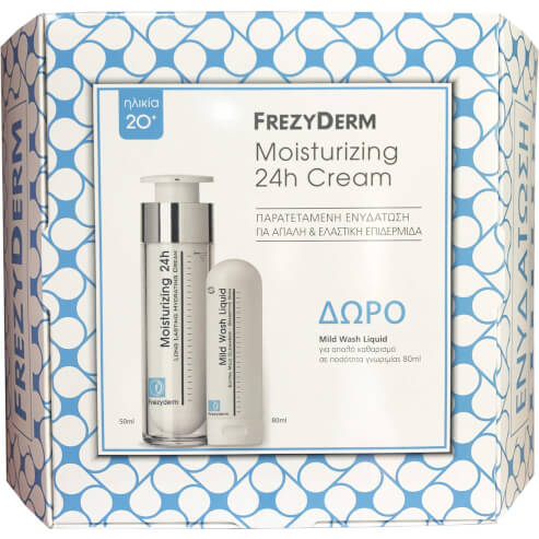 Овлажняващ пакет Frezyderm, предлагащ 20+ 24 часа крем 50ml и течност за подаръци с леко измиване 80ml