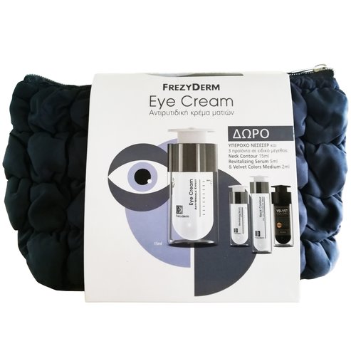 Frezyderm PROMO PACK Anti-Wrinkle Eye Cream 15ml & Подарък Neck Contour Cream 15ml, Revitalizing Serum 5ml, Velvet Colors Medium 2ml & Чанта за тоалетни принадлежности