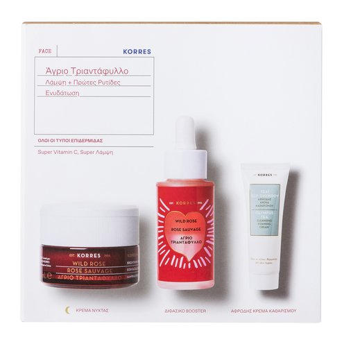 Пакет от оферти на Korres Нощен крем за лице с дива роза 40 мл, двуфазен бустер 30 мл и пяна за почистване на подаръци 16 мл