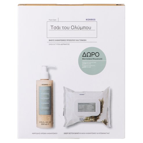 Пакет от оферти на Korres Olympus Tea Крем за почистване на лице 150 мл & Почистващи и почистващи кърпички за подаръци 30 кърпич