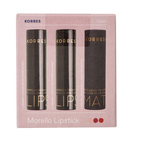Korres Promo Morello Creamy Lipstick Νο04 Honey Nude & No56 Cherry Lush 2 X 3.5gr & Matte Lipstick No54 Classic Red Matte 3.5gr