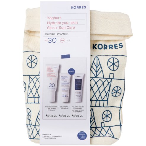 Korres PROMO PACK  Yoghurt Hydrate your Skin Sunscreen Face Cream Gel Spf30, 40ml & Подарък Nourishing Probiotic Gel-Cream 20ml & Foaming Cream Cleanser 20ml & торбичка