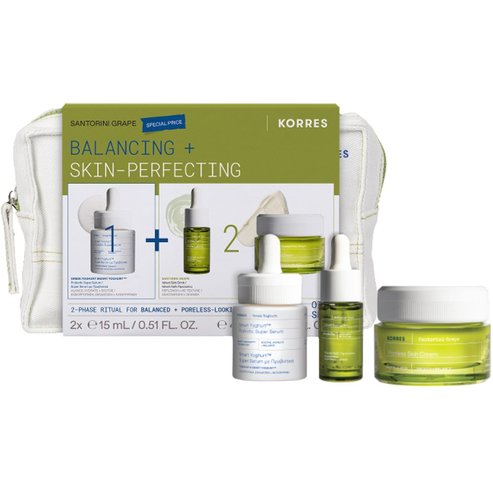 Korres Promo Greek Yoghurt Smart Probiotic Super Serum 15ml & Santorini Grape Dry Oil Serum 15ml & Poreless Skin Face Cream 40ml & Подарък торбичка 1 бр