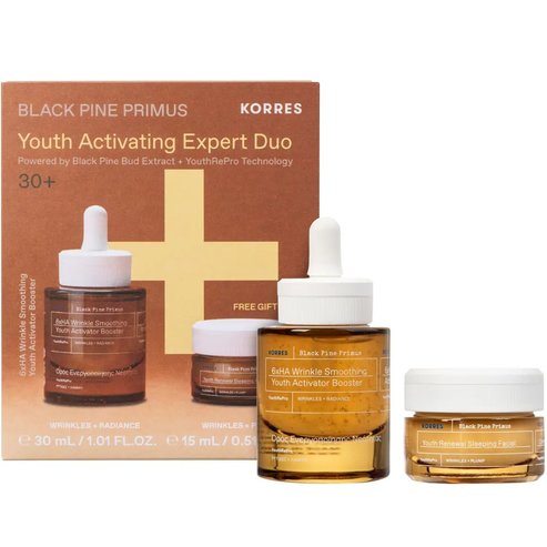 Korres Promo Black Pine Primus 6xHA Wrinkle Smoothing Youth Activator Booster 30ml & Подарък Youth Renewal Sleeping Facial Cream 15ml