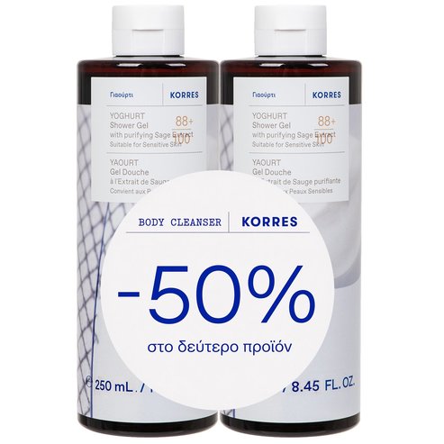 Korres Promo Yoghurt Shower Gel Хидратиращ душ гел за тяло Yoghurt с почистващ екстракт от салвия за нежно & кремообразно усещане върху кожата 500ml (2x250ml)