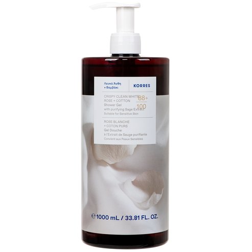 Korres Crispy Clean White Rose & Cotton Shower Gel Хидратиращ душ гел за тяло Бели цветове & памук с почистващ екстракт от градински чай за нежен свеж аромат, съчетан с нотки на бели цветя, с помпа 1L