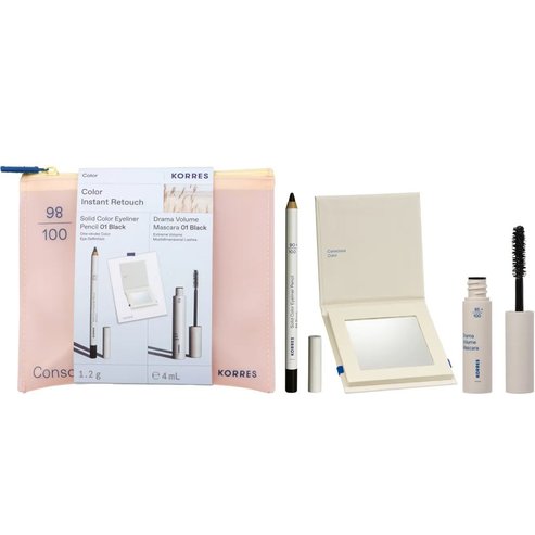 Korres Promo Solid Color Eyeliner Pencil 1,2g - 01 Black & Drama Volume Mascara 4ml - 01 Black & Compact Mirror 1 брой & Несесер 1 брой