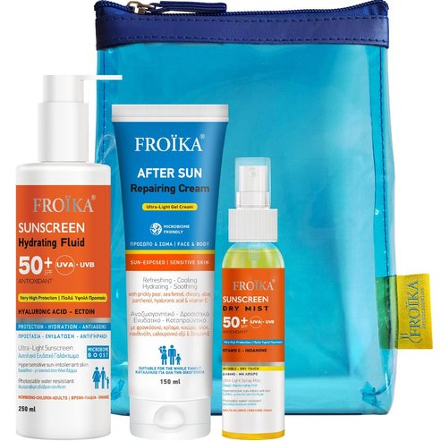 Froika Promo Sunscreen Hydrating Fluid Antioxidant Spf50+, 250ml & After Sun Repairing Ultra-Light Gel Cream 150ml & Подарък Dry Mist Body Sunscreen Spf50+, 80ml & Несесер 1 Брой